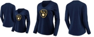 Fanatics Women's Navy Milwaukee Brewers Official Logo Long Sleeve V-Neck T-shirt